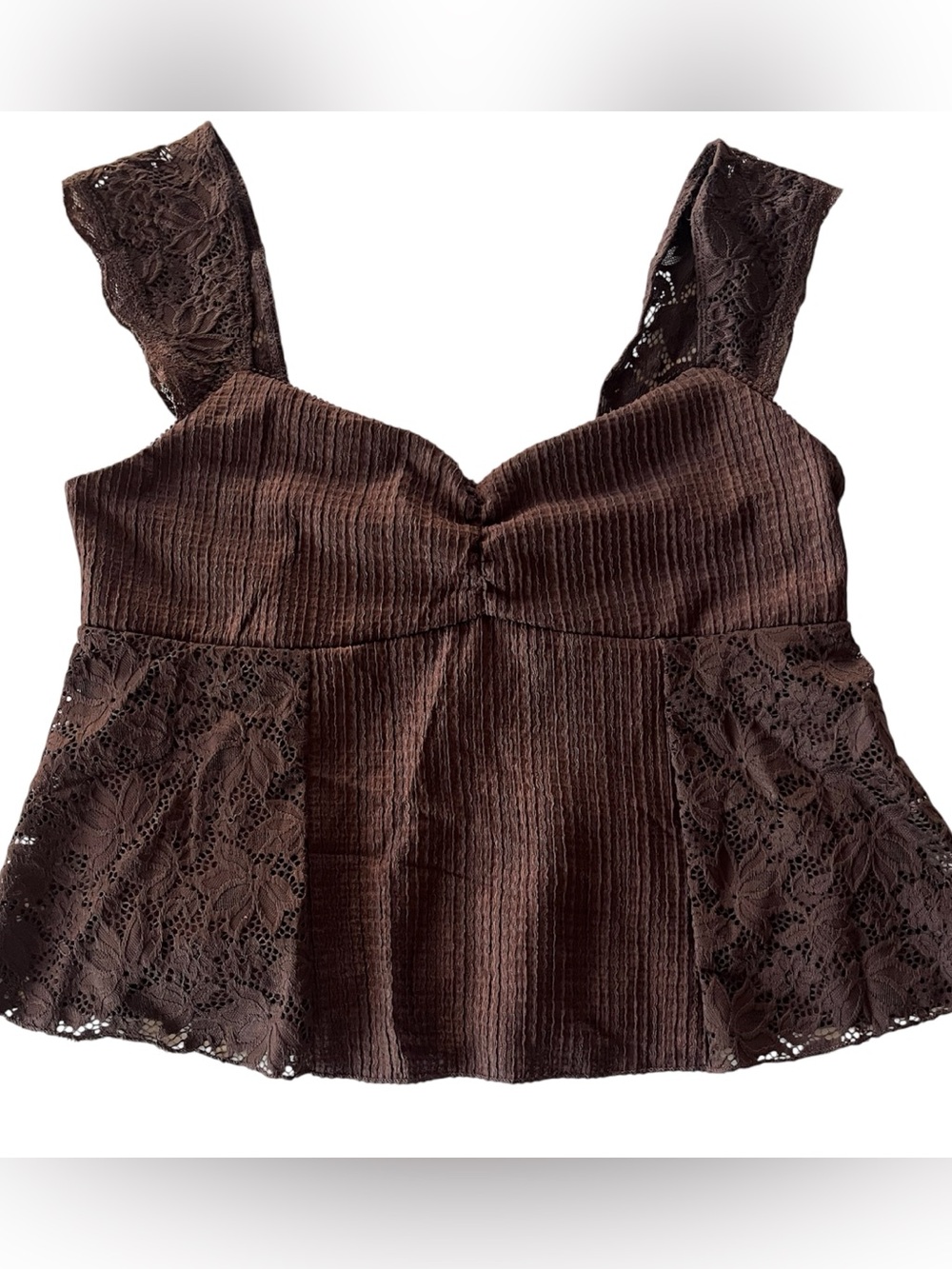 La Peche Brown Lace Trim Ribbed Crop Top XL New With Tags
